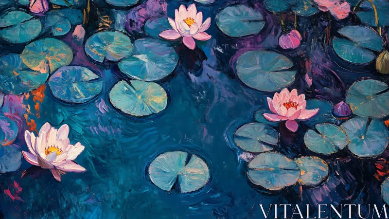 Impasto-rendered water lilies float across saturated cobalt pond
