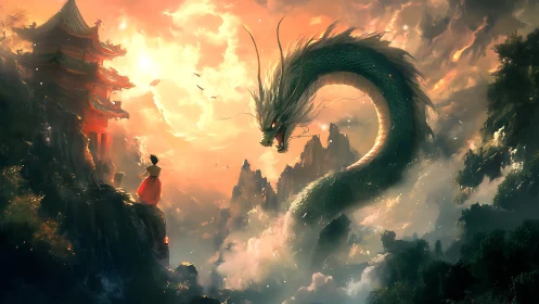 Mountain temple guardian dragon coils through burning sky