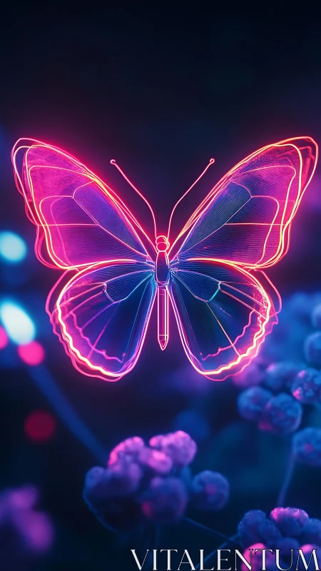 Neon butterfly silhouette glows over dreamy nocturne garden.