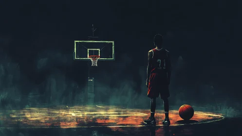Solitary basketball player studies empty hoop under moody light