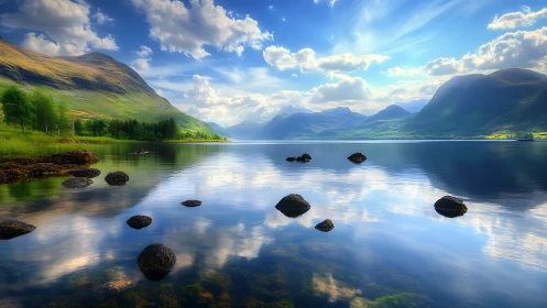 Glacial valley lake with specular cloud reflections and boulders.