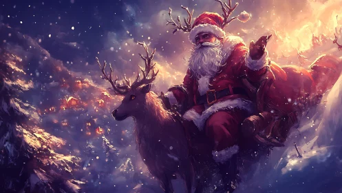 Digital painting shows Santa figure riding reindeer in snow