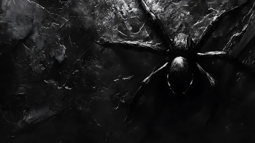 High-contrast monochrome tarantula on textured dark surface
