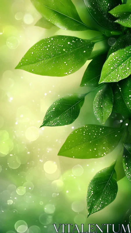 Green leaves with water droplets arranged against blurred light