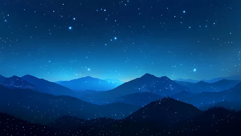 Midnight starlit mountains under deep cerulean skies.