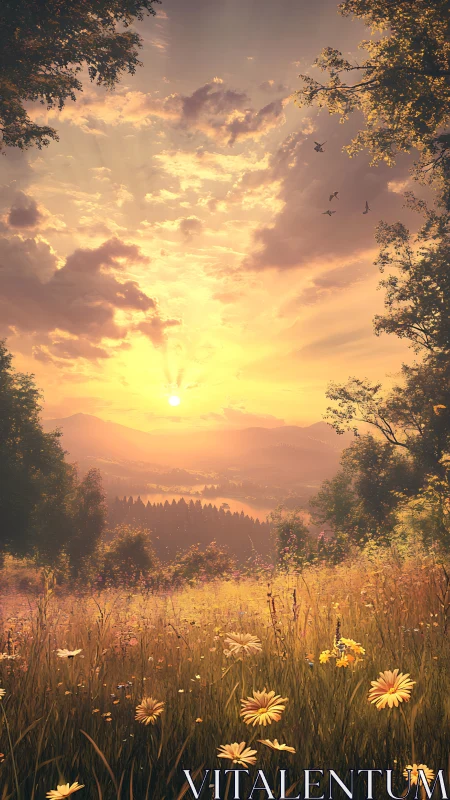 Sunlit meadow landscape with distant hills and cloudy sky.