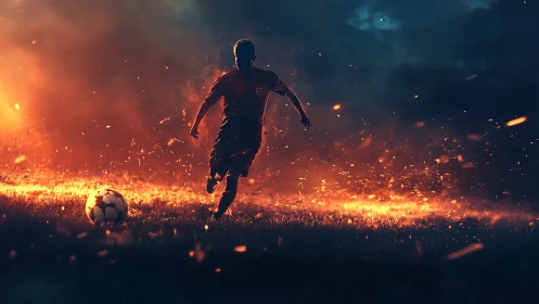 Soccer player sprints through blazing field under storm sky