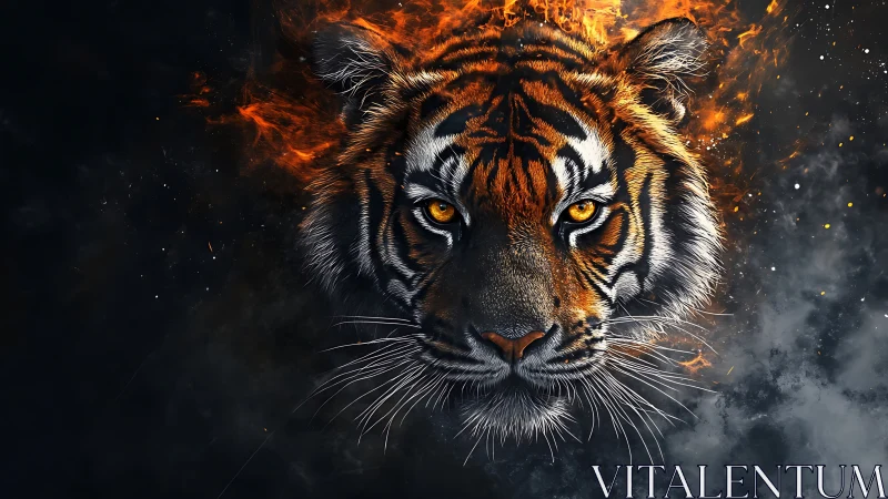 Thermally charged tiger visage within combustive particle field.
