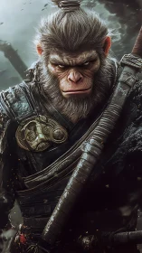Stoic warrior monkey stands armed in a stormy fantasy realm