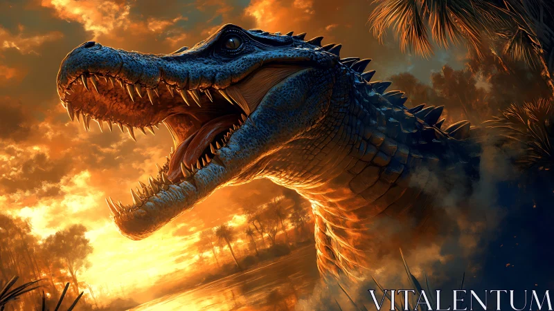 Large prehistoric reptile head in swamp at sunset view.