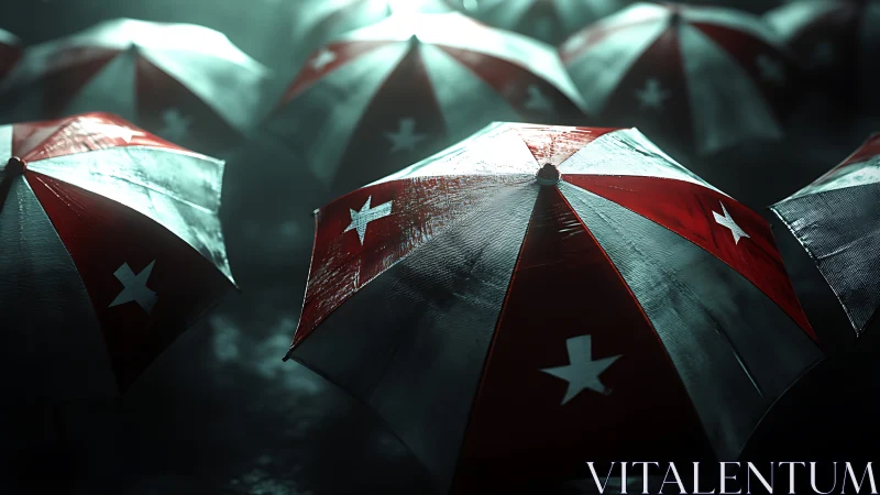 Gleaming red star umbrellas glow softly in the rainy night