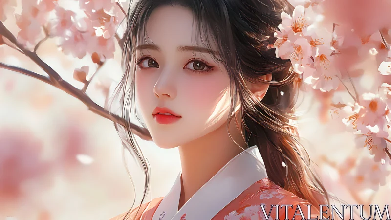 Gentle-eyed girl stands beneath glowing spring cherry blossoms