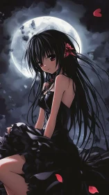 Moonlit girl in black dress with drifting crimson petals.