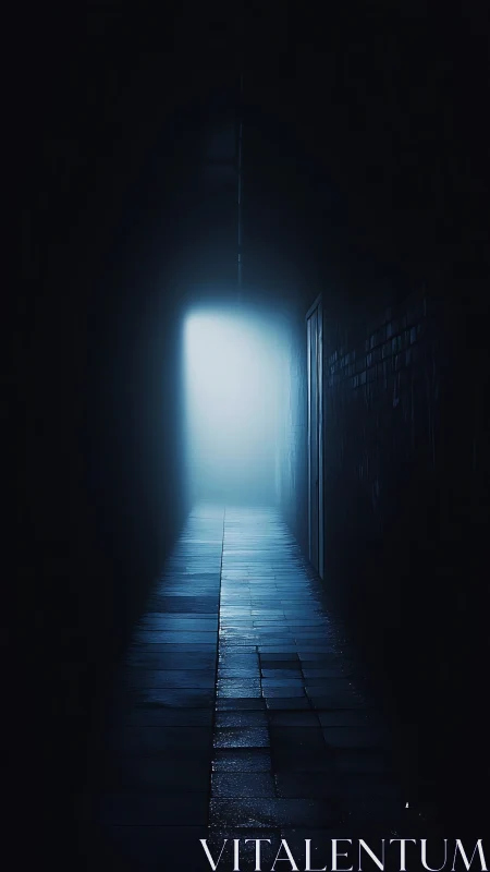 Soft blue glow at the end of a quiet midnight alleyway.