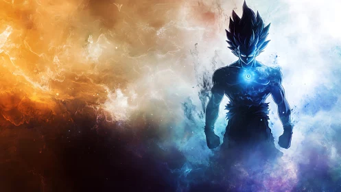 Cosmic warrior silhouette charged by dual elemental nebula