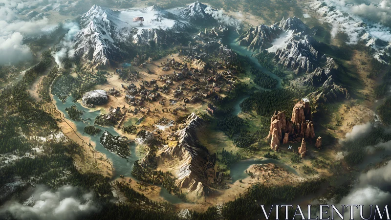 Isometric fantasy world map with fortified capital and mountains