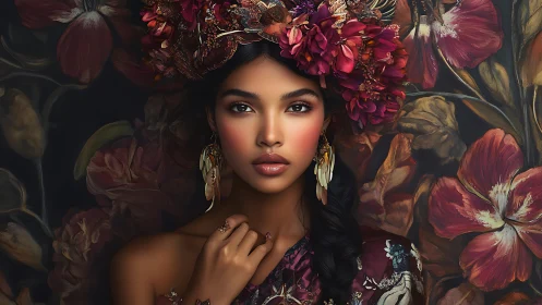 Chromatic portrait of floral-crowned woman in digital chiaroscuro.