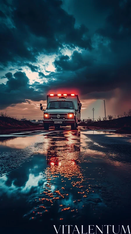 Emergency vehicle stands on wet road under dense storm clouds