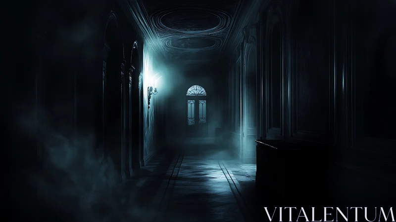 Dark hallway shows single lit doorway with dense interior fog