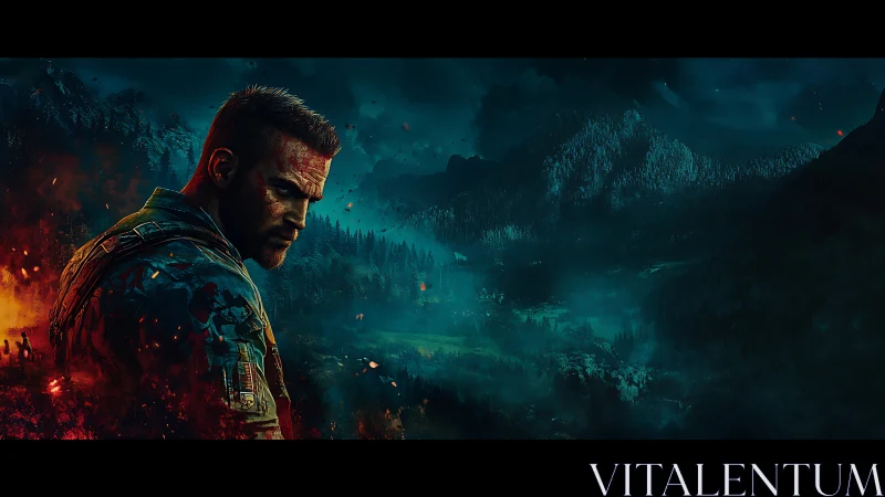 Battle-hardened soldier stands before burning mountain valley