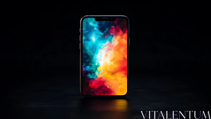 Modern smartphone with vibrant abstract ink cloud display.