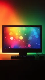 Rainbow screen glow crowns a minimalist midnight desktop.