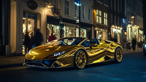 Gold chrome supercar on illuminated luxury shopping street.