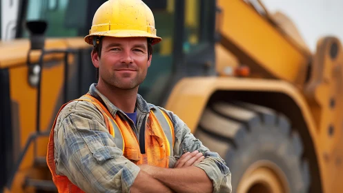Construction site worker in hi-vis gear before loader.