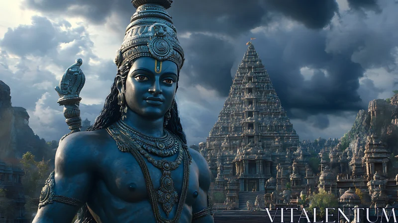 Blue deity statue dominates temple complex under storm clouds