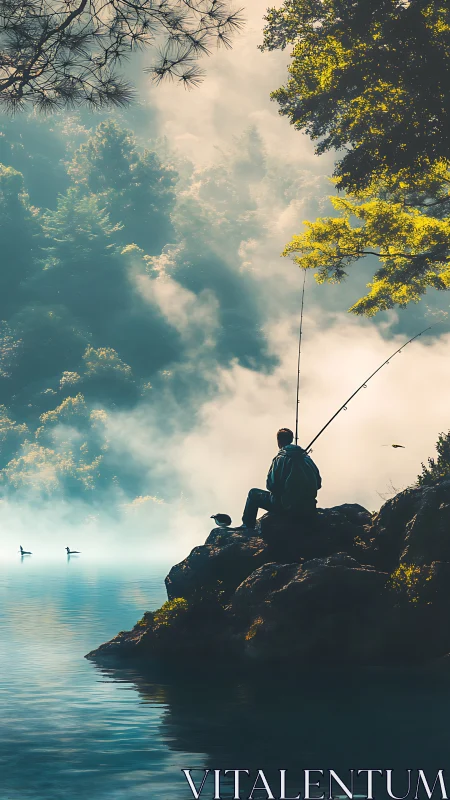 Solitary angler in mistlit forest cove, waiting with stillness.