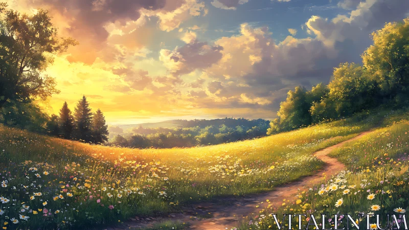 Sunlit meadow trail drifts lazily toward a painted horizon