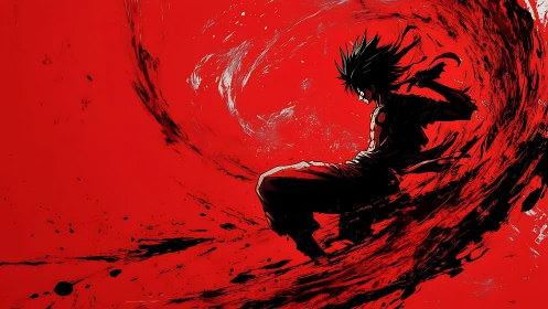 Fierce anime warrior rides a storm of bold red energy