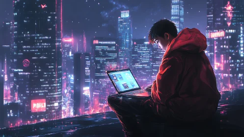 Neon rooftop coder bends a glowing city to quiet code spells.