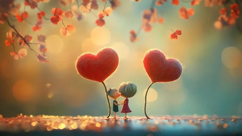 Two Figures Share a Moment Beneath Heart-Shaped Blooms