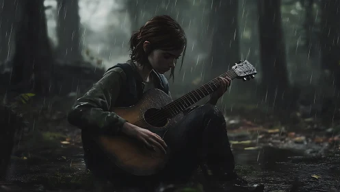 Solitary guitarist rendered in cinematic rain-soaked forest ambiance