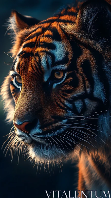 Tiger head rendered in high detail with dramatic side lighting