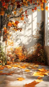 Sunlit indoor courtyard captures drifting autumn leaves