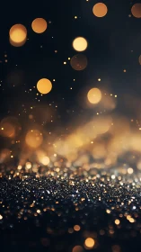 Defocused golden bokeh over granular reflective surface in low light