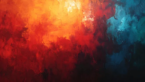 Abstract fiery red and blue textured painting with bold brushwork.