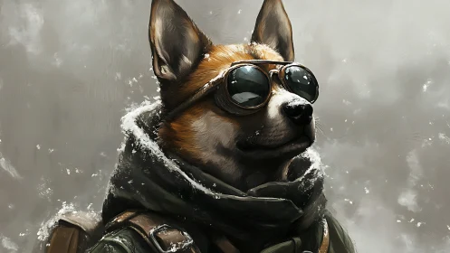 Dog in winter gear wearing goggles in snowy environment.