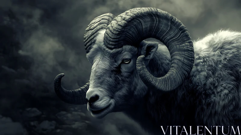 High contrast ram portrait with curled horns in moody fog
