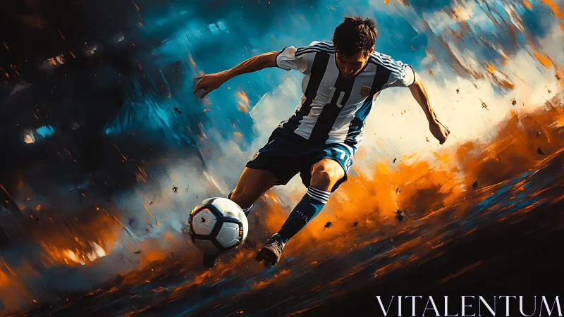 Dynamic digital painting of soccer player in explosive action.
