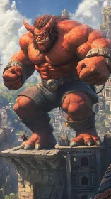Colossal red ogre towering over crumbling fantasy city.