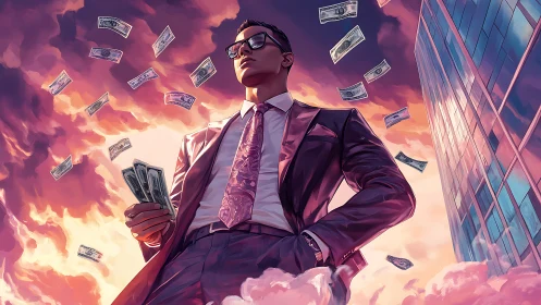 Power-dressed financier under neon clouds and raining cash.