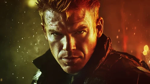 Storm-lit vigilante framed in cinematic burning glow.