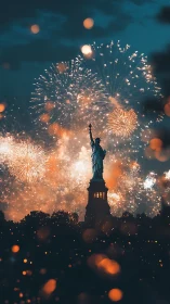Fireworks embrace the Statue of Liberty in twilight glow.