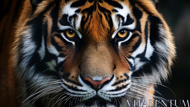 Tiger face fills frame, molten amber eyes lock viewer.