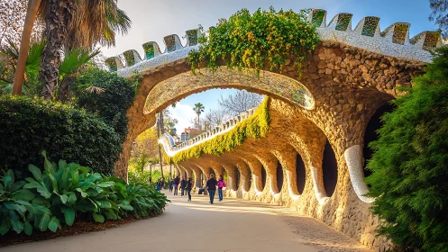 Sunlit stroll beneath Park Güell’s playful stone arches.