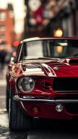 Classic red muscle car gleams under soft urban bokeh light.