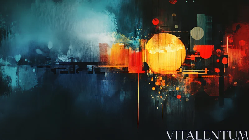 Neon sun sphere ignites geometric city over dark void